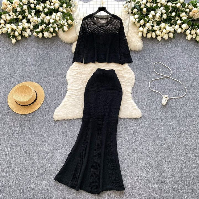 Two-piece Set Gentle Women Versatile Outfit Round-neck Short Sleeve Knitted Top Hollow-out Crocheted Hip-hugging Pencil Skirt