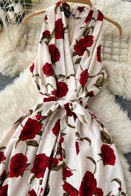 Sleeveless V-neck Print A-line Dress Summer Vintage High Waist Midi Dress Ladies Casual Dress Clothes Women Wholesale
