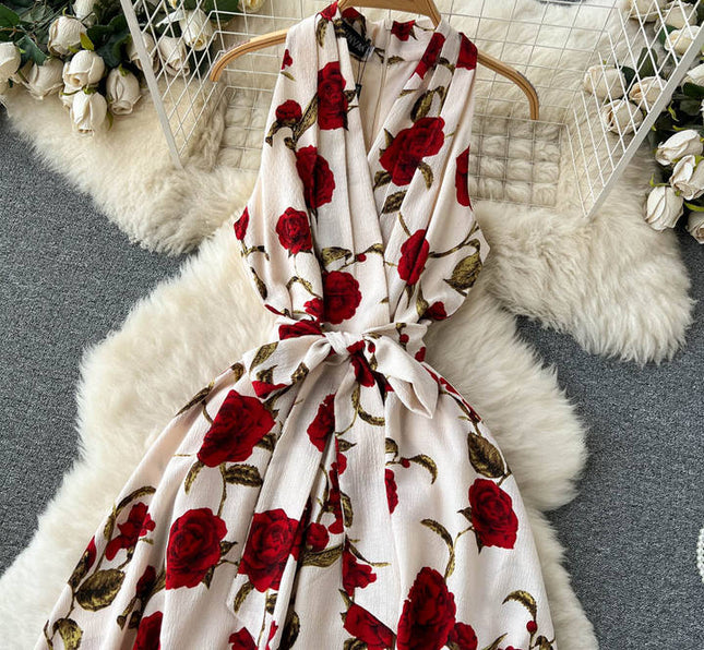 Sleeveless V-neck Print A-line Dress Summer Vintage High Waist Midi Dress Ladies Casual Dress Clothes Women Wholesale