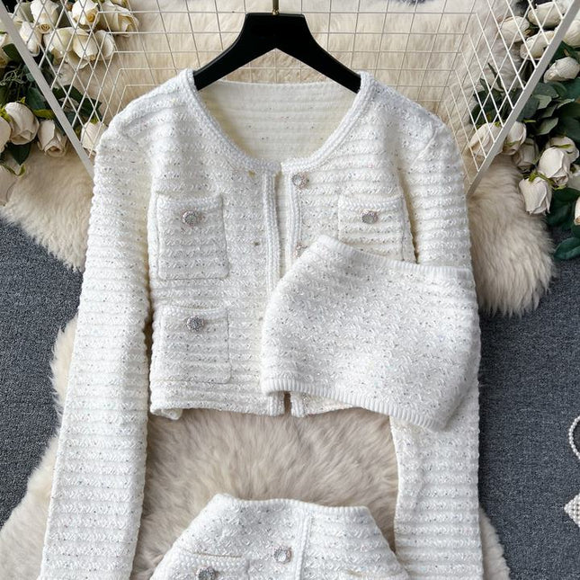 Elegant Casual Short Cardigan Sequin Knitted Set Autumn New Mini Skirt Set Shorts Two Piece Women's Clothing