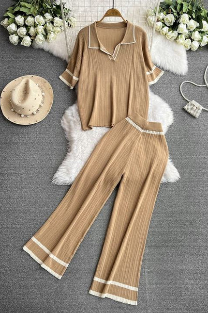2024 New Fashion Set Style Contrast Color Short Sleeved Knitted Shirt+High Waist Slim Wide Leg Pants Set of Two