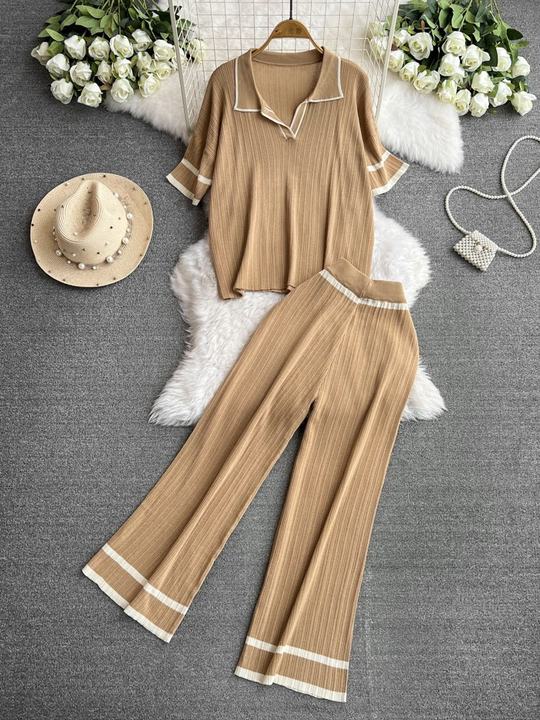 2024 New Fashion Set Style Contrast Color Short Sleeved Knitted Shirt+High Waist Slim Wide Leg Pants Set of Two