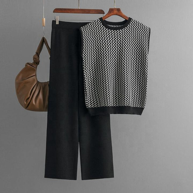 Summer New Simple Retro Loose Sleeveless Knitted Shoulder Top Wide Leg Pants Knitted Two Piece Set for Women