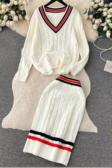 Stylish Casual Chic Style Knitted Top + High Fanny Pack Hip Twist Sweater Skirt Two-Piece Set