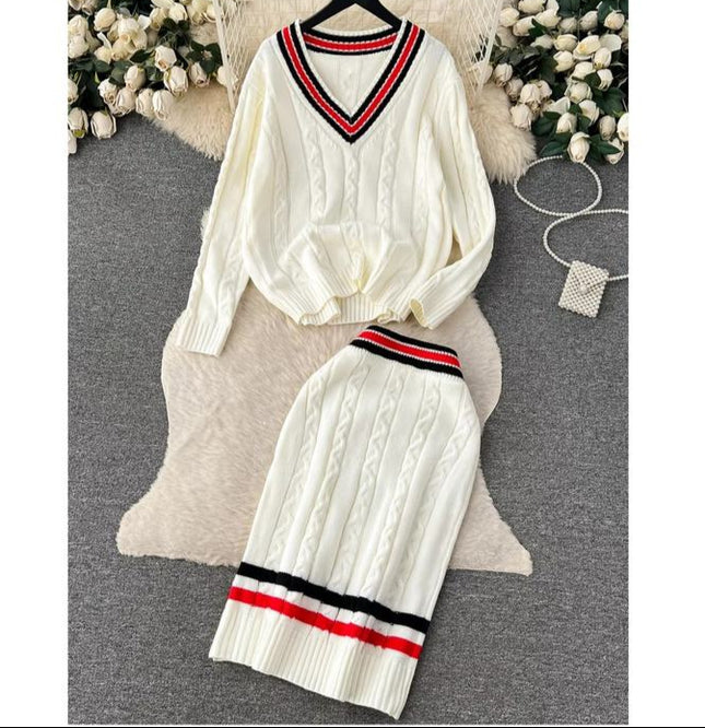 Stylish Casual Chic Style Knitted Top + High Fanny Pack Hip Twist Sweater Skirt Two-Piece Set