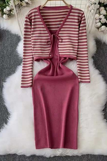Striped Cardigan Coat Two-piece Dress for Women Vintage Charm Elegant Temperament Slimming Effect Sexy Form-fitting Maxi Dress