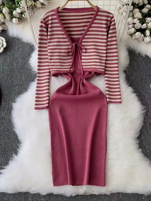 Striped Cardigan Coat Two-piece Dress for Women Vintage Charm Elegant Temperament Slimming Effect Sexy Form-fitting Maxi Dress