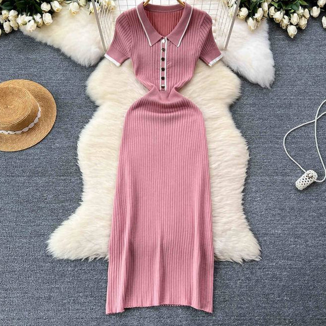 Knitted Short Sleeve Slim Solid Color Ol Simple Tight Dress Women