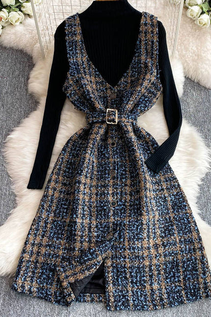 Outono Inverno Malha Top De Lã Elegante Moda Checkered Halter Vestido Conjunto De Duas Peças