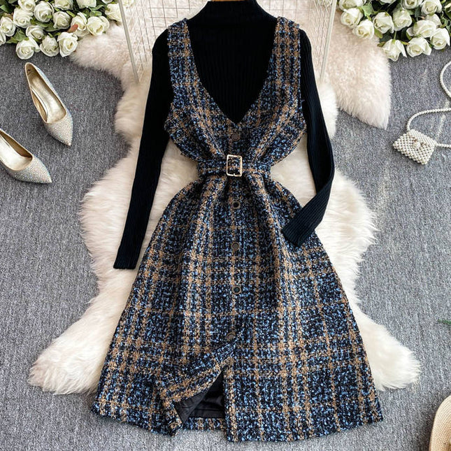Outono Inverno Malha Top De Lã Elegante Moda Checkered Halter Vestido Conjunto De Duas Peças