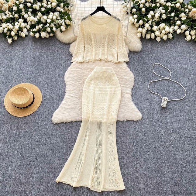 Two-piece Set Gentle Women Versatile Outfit Round-neck Short Sleeve Knitted Top Hollow-out Crocheted Hip-hugging Pencil Skirt