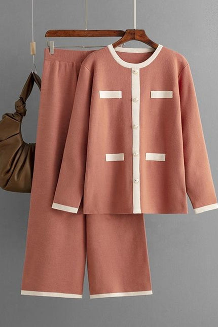 Wholesale Spring Round Neck Button Contrast Color Long Sleeve Top High Waist Wide Leg Knitted Trousers Women's Set
