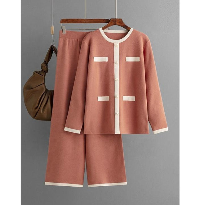 Wholesale Spring Round Neck Button Contrast Color Long Sleeve Top High Waist Wide Leg Knitted Trousers Women's Set