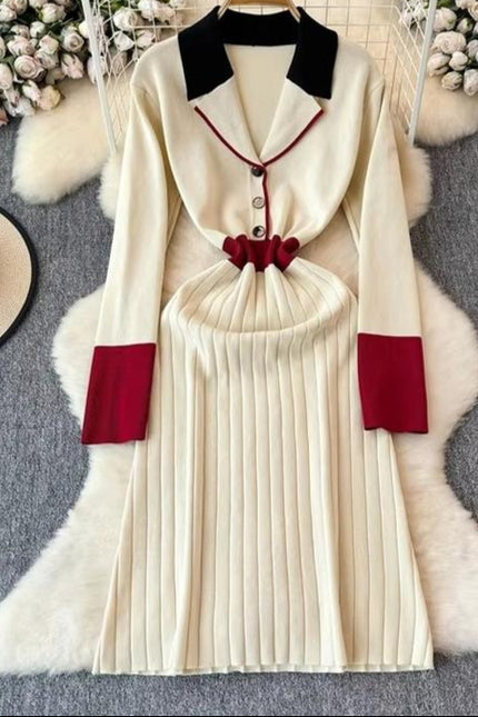 French Retro Color Collision Lapel Knit Dress Women'S New Long Sweater Dress in Autumn Winter