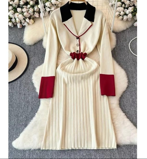 French Retro Color Collision Lapel Knit Dress Women'S New Long Sweater Dress in Autumn Winter