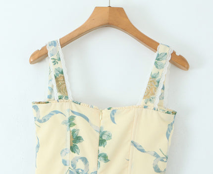 2 Colorway Floral Print Shoulder Strap Front Lace up Casual Fashion Summer Cotton Long slip Dress for Women