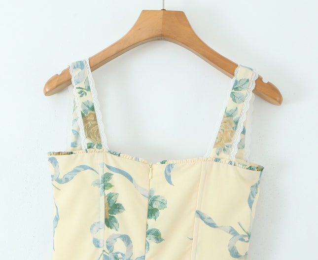 2 Colorway Floral Print Shoulder Strap Front Lace up Casual Fashion Summer Cotton Long slip Dress for Women