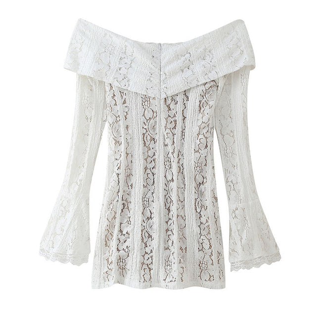 Slash Neck Long Sleeve Floral Lace White Color Casual Fashion Mini Dress for Women