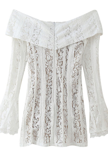 Slash Neck Long Sleeve Floral Lace White Color Casual Fashion Mini Dress for Women