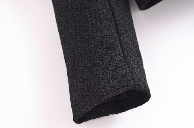 Black Color Crew Neck Cute Design Tweed Jacket Women Fashion Short Trench Coat With Pockets