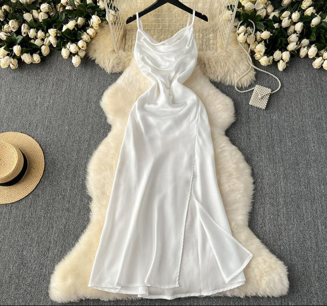 Summer Women Halter Sleeveless Split Sexy Elegant Satin Long Gowns Dresses