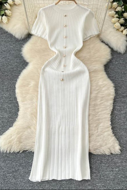 Women's New Premium Round Neck Short Sleeve Slim French Knit Dresses