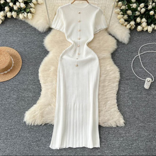 Women's New Premium Round Neck Short Sleeve Slim French Knit Dresses