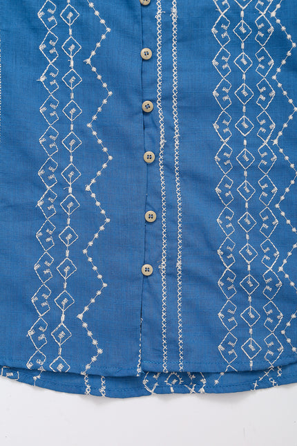 V Neck Blue Color Embroidery Buttons up Long Sleeve Casual Fashion Tops Blouse for Women