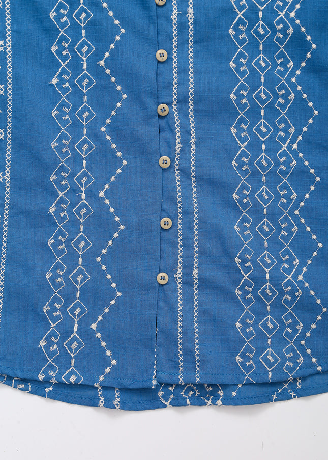 V Neck Blue Color Embroidery Buttons up Long Sleeve Casual Fashion Tops Blouse for Women