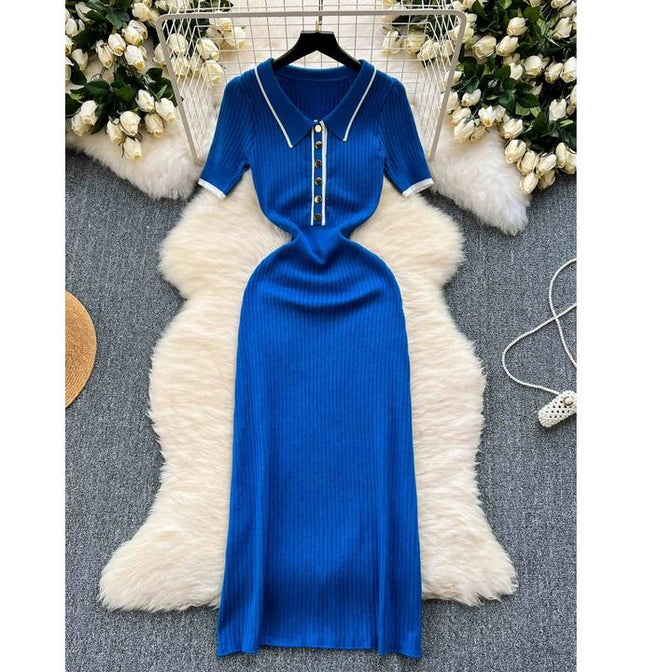 Knitted Short Sleeve Slim Solid Color Ol Simple Tight Dress Women