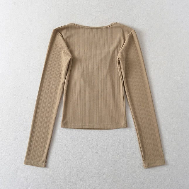 5 Colorway Solid Color square Collar Long Sleeve Front Pleated Casual Fashion Women t Shirt
