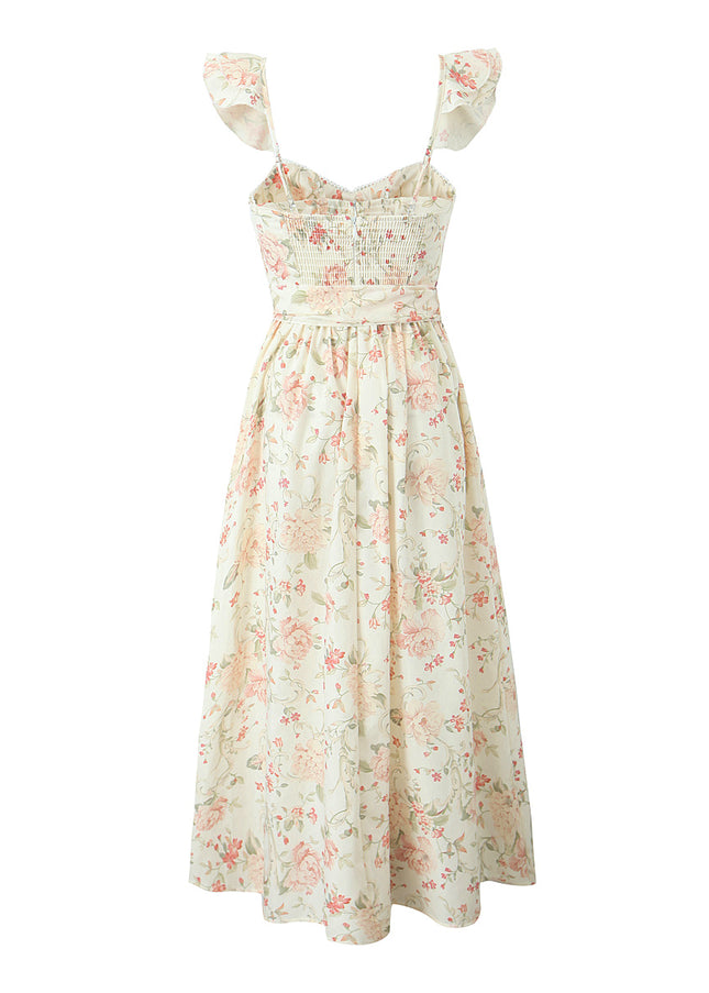 Floral Print Shoulder Strap Front Bow Tie Hot Sale Casual Fashion Summer Long slip Dress for Women