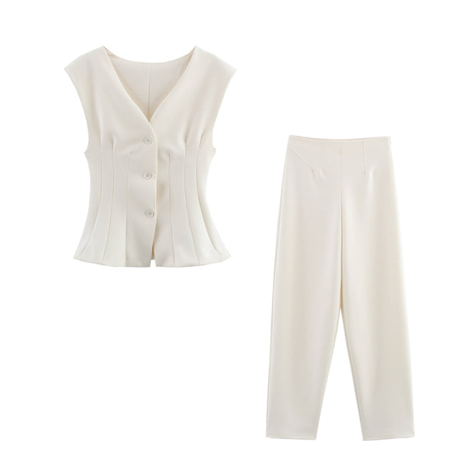 V Neck Buttons up Beige Color Sleeveless Casual Fashion Vest Waistcoat for Women