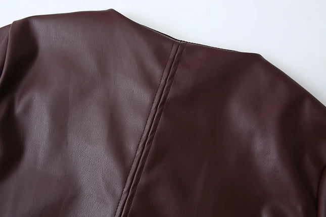 Crew Neck Burgundy Color Single Breasted Long Sleeve Casual Fashion PU Leather Jacket for Women