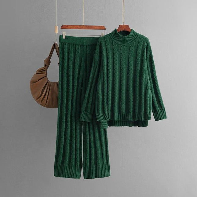New Casual Half High Neck Sweater Wide Leg Pants Set for Women's Autumn and Winter New Knitted Two Piece Set