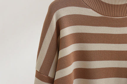 2023 Winter Custom Logo Turtleneck Striped Knitted Top Pullover Knitted Trousers 2 Piece Suit Women's Sweater