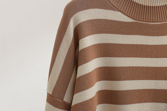2023 Winter Custom Logo Turtleneck Striped Knitted Top Pullover Knitted Trousers 2 Piece Suit Women's Sweater