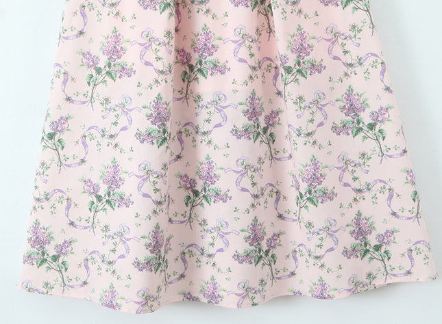 Square Collar pink Color Floral Print Short Sleeve Casual Fashion Summer Long Dress for Women