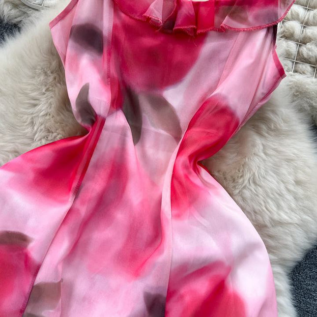 2024 Summer Fashion Waistband Slim Mid Length Halo Dyed Pink Print Strap Dress Beach Resort Dress