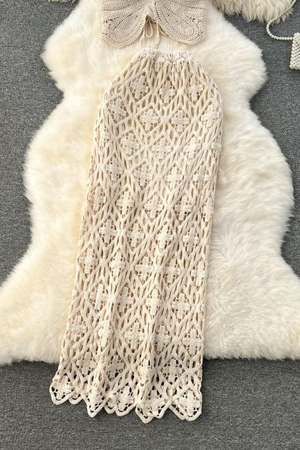 Knit Women Two Pieces Set Beachwear Long Beach Skirt