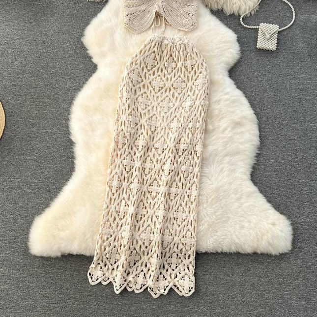Knit Women Two Pieces Set Beachwear Long Beach Skirt