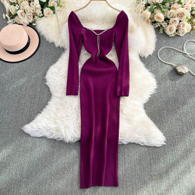 Knit Dress Women'S New Square Neck Sexy Slim Tight Dresses