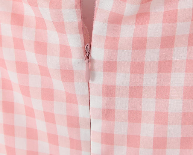 Shoulder Strap pink Color Plaid Print Zipper Fly Casual Fashion Mini slip Dress for Ladies
