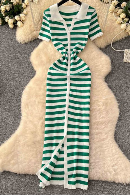 Vintage Lapel Single Breasted Cardigan Striped Women Knit Long Dresses