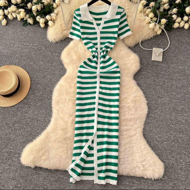 Vintage Lapel Single Breasted Cardigan Striped Women Knit Long Dresses