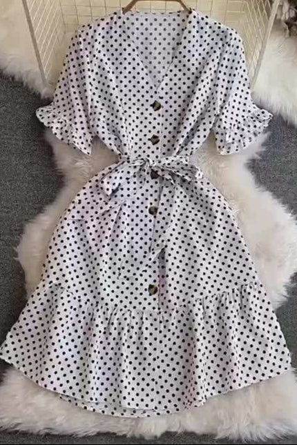 Short Sleeved V-Neck Lace-Up Single-Breasted A-Line Ruffled Polka Dot Dress Female