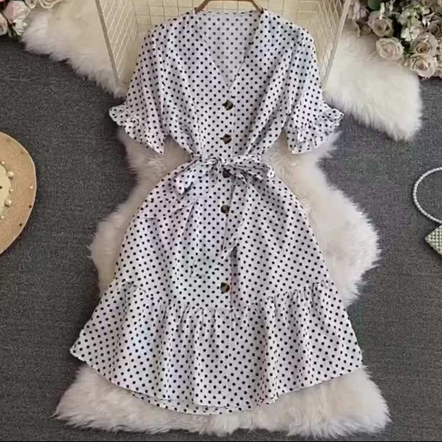 Short Sleeved V-Neck Lace-Up Single-Breasted A-Line Ruffled Polka Dot Dress Female