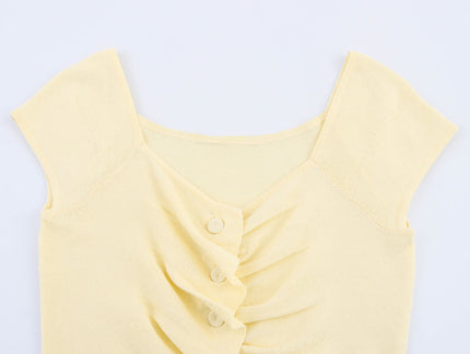 Buttons up Yellow Color Pleated Sleeveless Casual Fashion Women's tank Tops