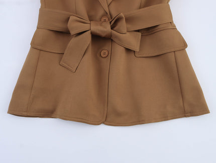 Brown Color Long Sleeve Notched Collar Sashes Casual Fashion blazer Jacket for Women