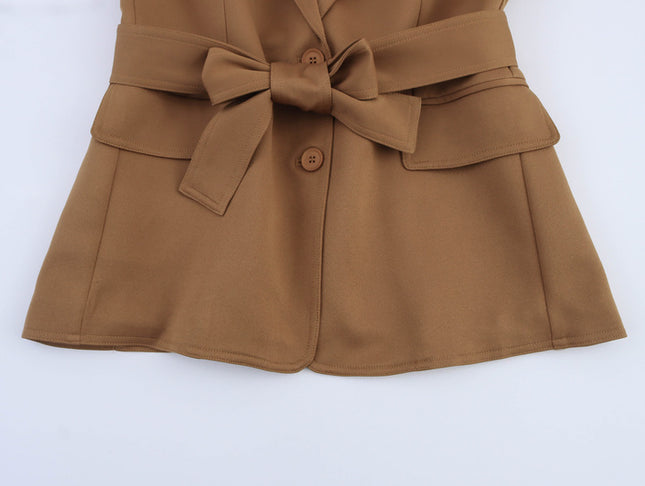 Brown Color Long Sleeve Notched Collar Sashes Casual Fashion blazer Jacket for Women